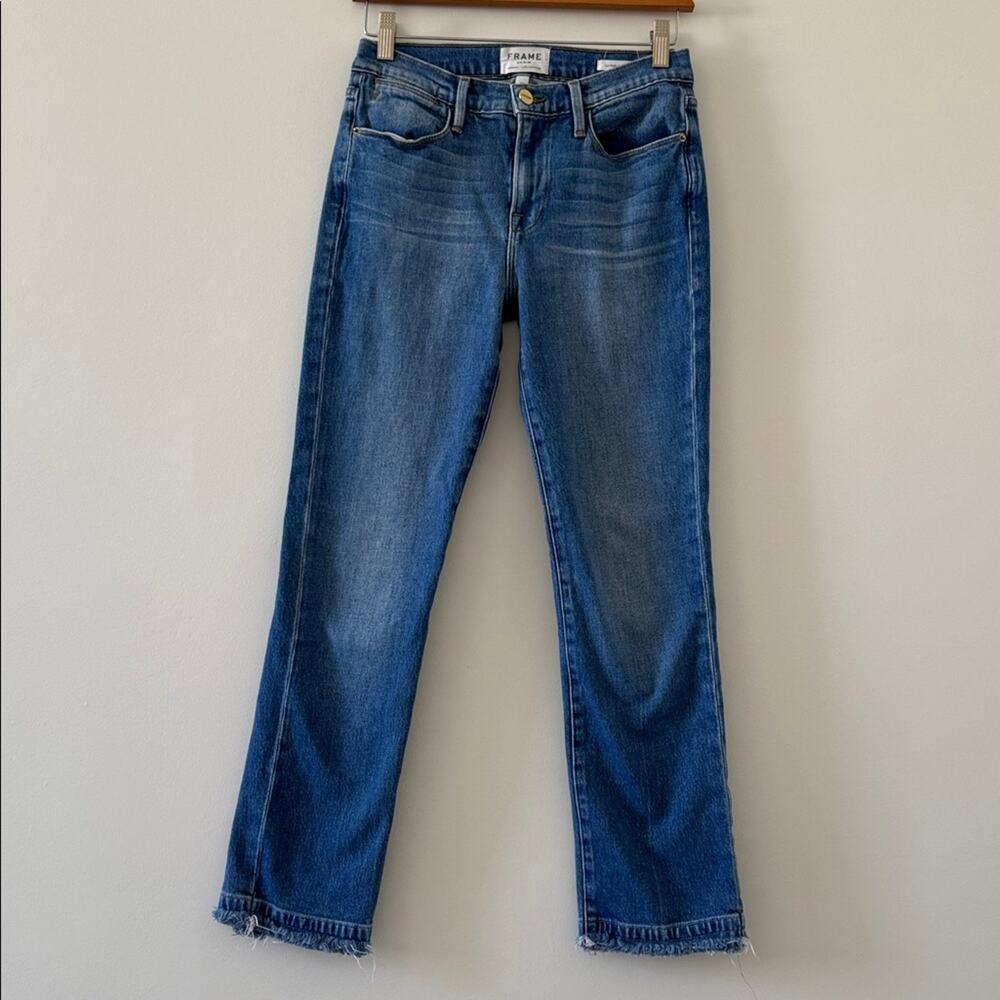 FRAME Le High Straight Jeans Whitway Wash Frayed Hem Blue Size 26 Minimalist - Picture 3 of 7